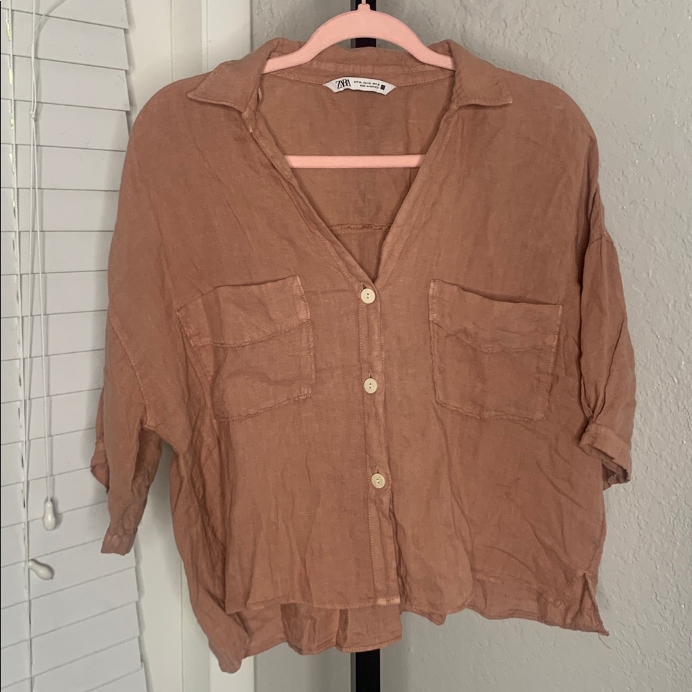 Zara linen Casual button blouse Shirt xl - Picture 4 of 6